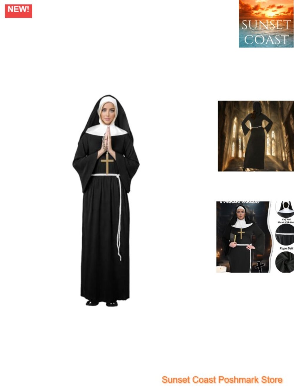 Nun Costume Adult Women Black Robe Shawl Headpiece Cross Pendant Halloween